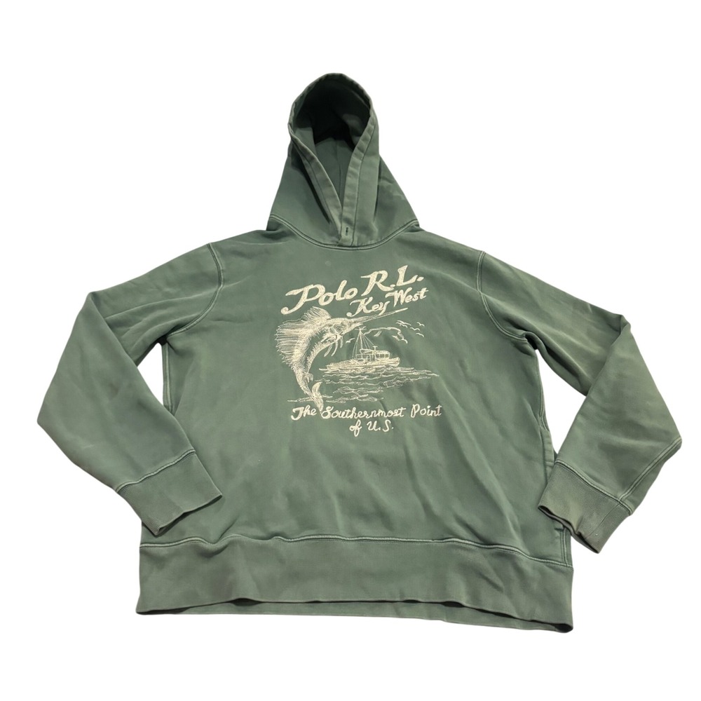Polo Ralph Lauren Key West Marlin Fishing Hoodie Green Mens Large Embroidery Vtg